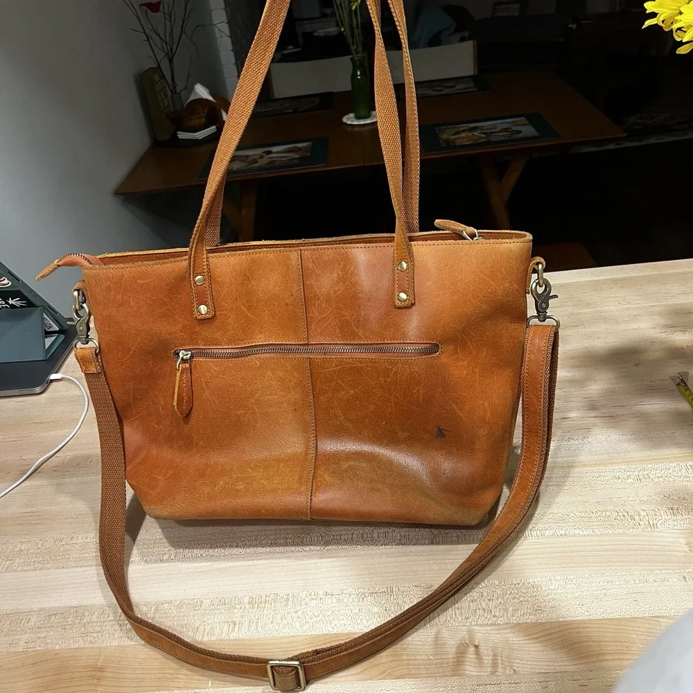 Szone Brown Cowhide Leather Tote Bag, Zipper Closure, Dual Strap, Large Size